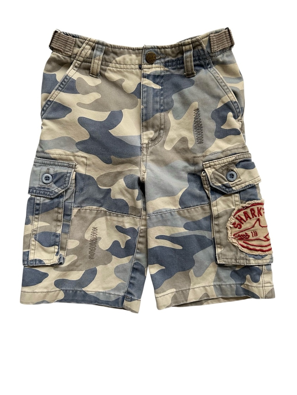 Mini Boden Tan Gray Camo Cargo Shorts Adjustable Waist Shark Reef Patch Sz 6 Y